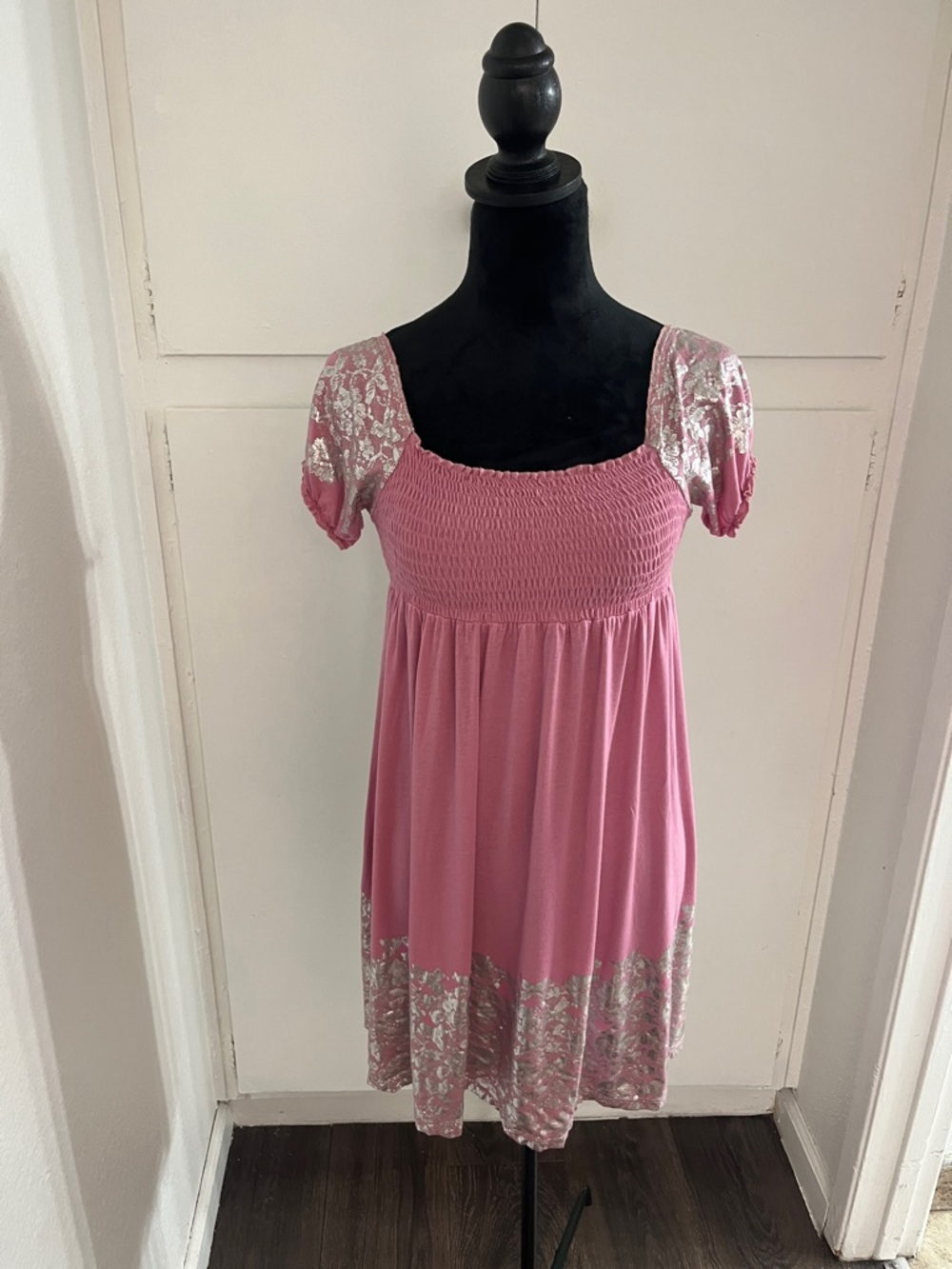 Pink Smocked Mini Dress with Floral Trim